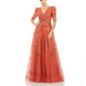 Embellished Gathered Puff Sleeve Faux Wrap Gown - sz 8 Mac Duggal 20428